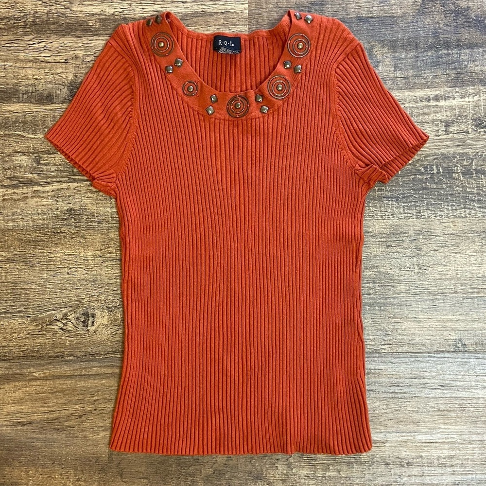 RQT Womens XL Burnt Orange Ribbed Knit Short Sleeve Studded‎ Scoop Neck Sweater